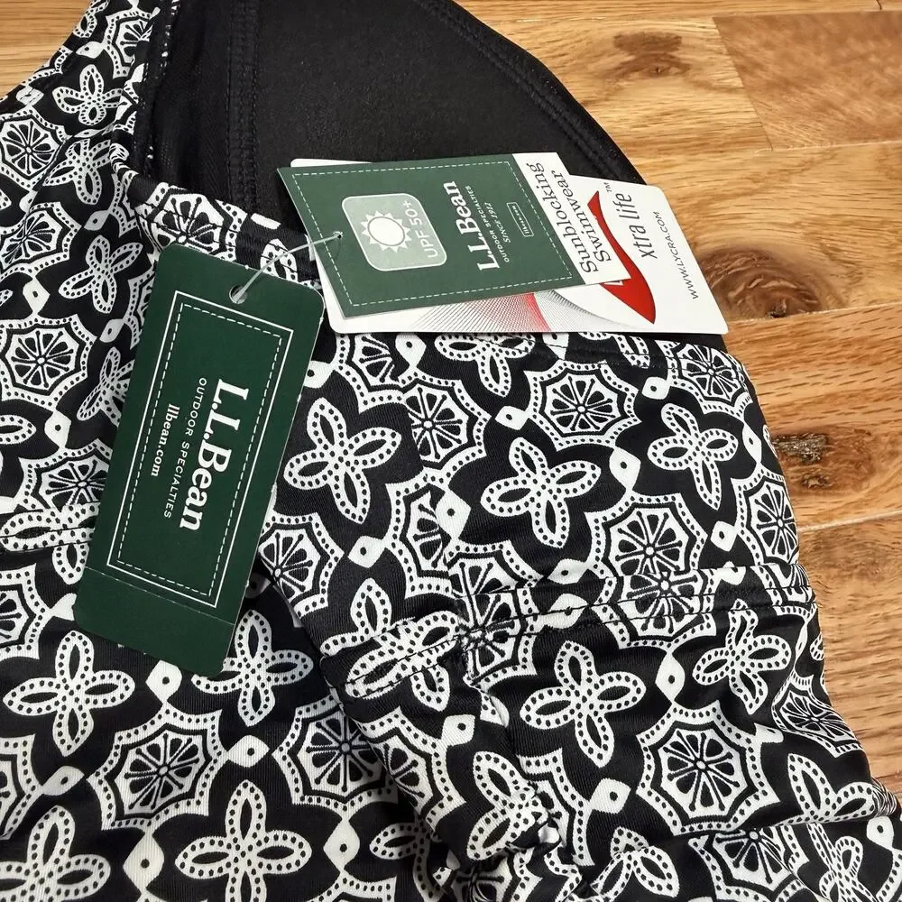 L.L.Bean One Piece Halter Swimsuit Black White Geometric UPF 50+ Size 8 NWT